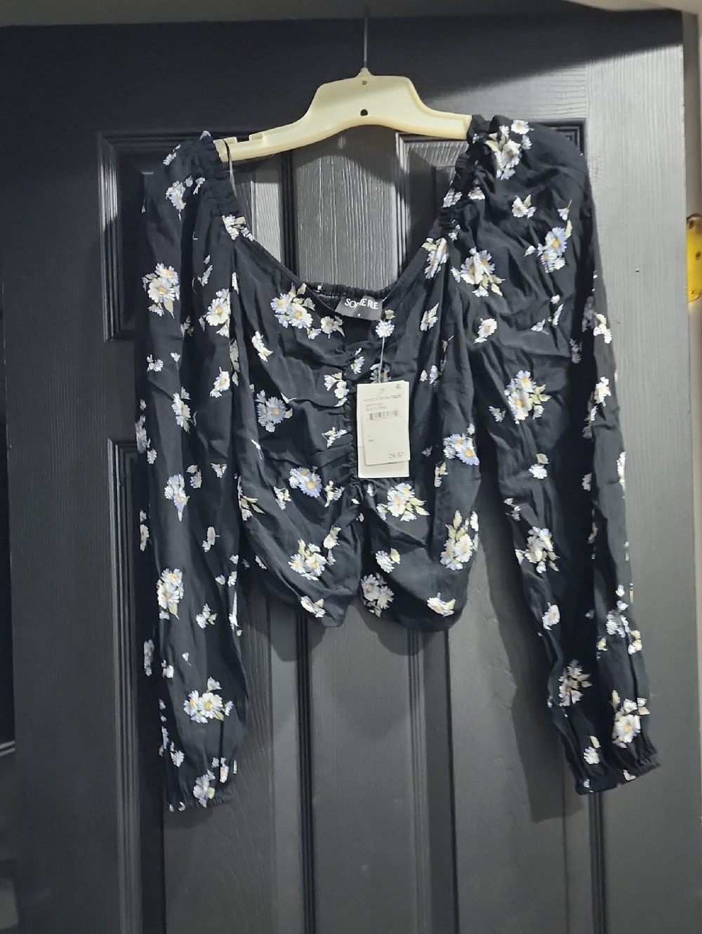 Sophie Rue Black Floral Puff-Sleeve Square Neck Blouse